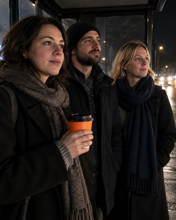 Three adults stand close together inside a neighborhood bus shelter at night, looking toward the road as the woman in front holds an orange lidded cup; car…