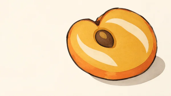 A large orange-gold apricot half with a dark oval pit and two cream curved highlights sits on a warm cream background, casting a broad shadow to the lower…
