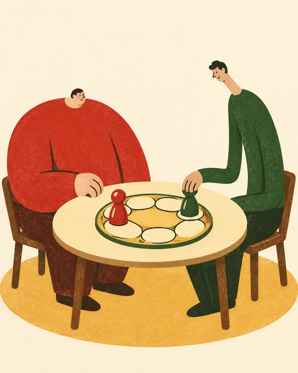 A red-clad player and a green-clad player sit opposite each other at a cream oval table, with their hands poised around a small board holding red and green…