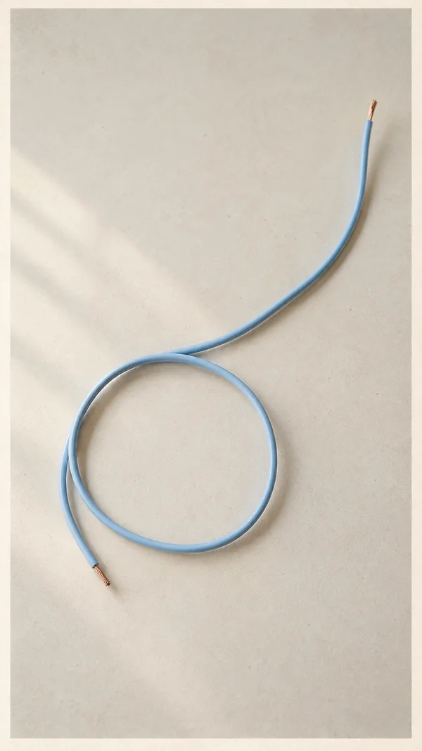 A pale blue electrical wire forms a loose loop on a warm ivory tabletop, with two exposed copper ends and ample empty space inside a narrow ivory border.
