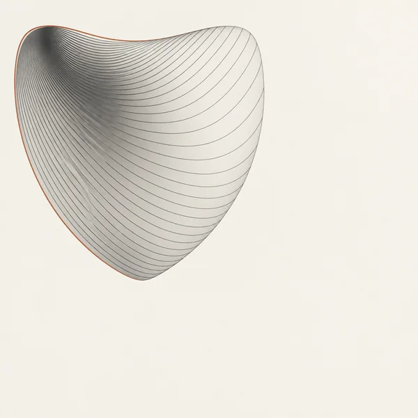 A large asymmetrical shield-like form made from sweeping charcoal curves sits in the upper-left of a warm off-white square, with a fine terracotta line tracing…
