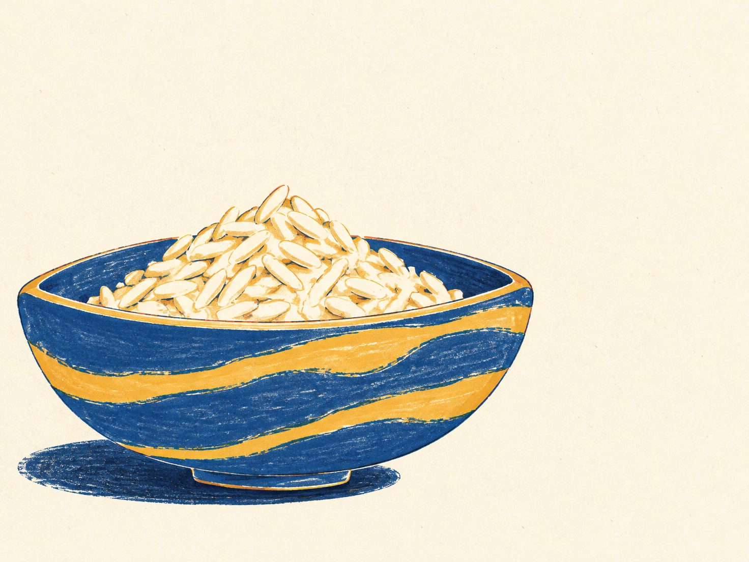 A hand-drawn blue bowl with two wavy amber bands sits low and left on a warm ivory textured background, filled with a peaked mound of elongated ivory rice…