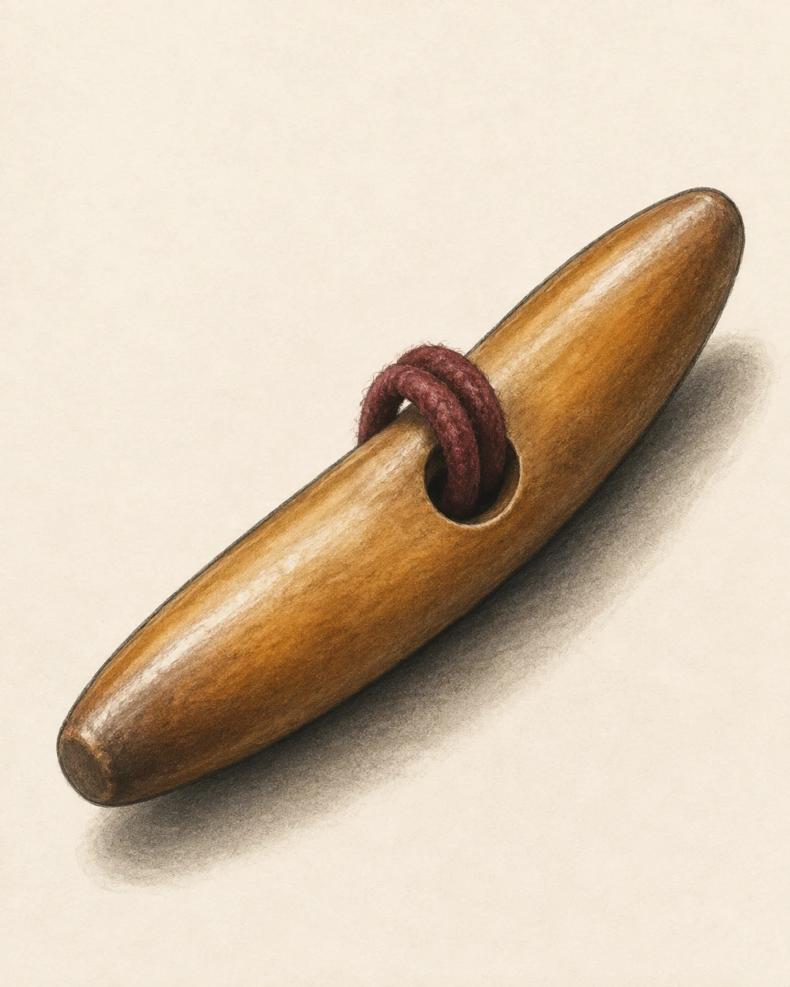 A long honey-brown wooden toggle lies diagonally across warm ivory paper, with a thick burgundy cord loop through a central hole and a soft shadow beneath it.