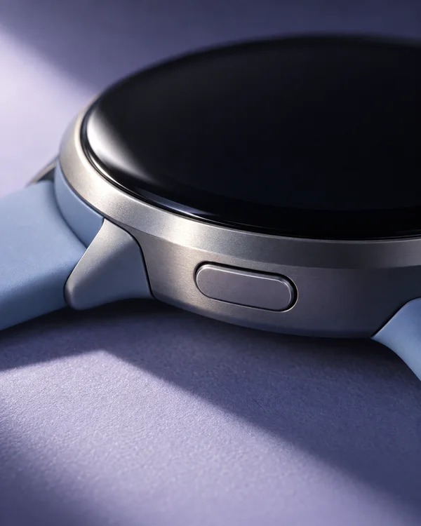 Extreme close-up of a blue-strapped smartwatch lying on a lavender-blue surface, with its dark circular glass face, brushed metal rim, and oval side button lit…