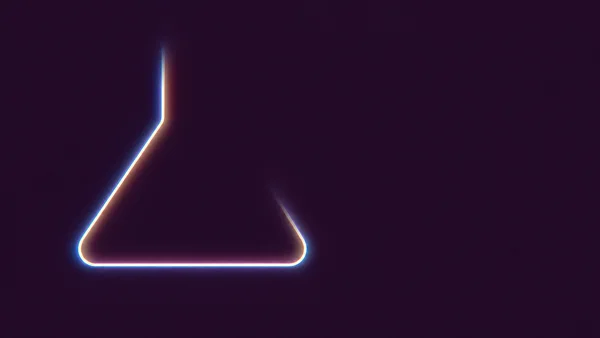 A thin luminous flask-like contour sits left of centre on a deep aubergine background, with a bright flattened base, a vertical line fading at its upper…