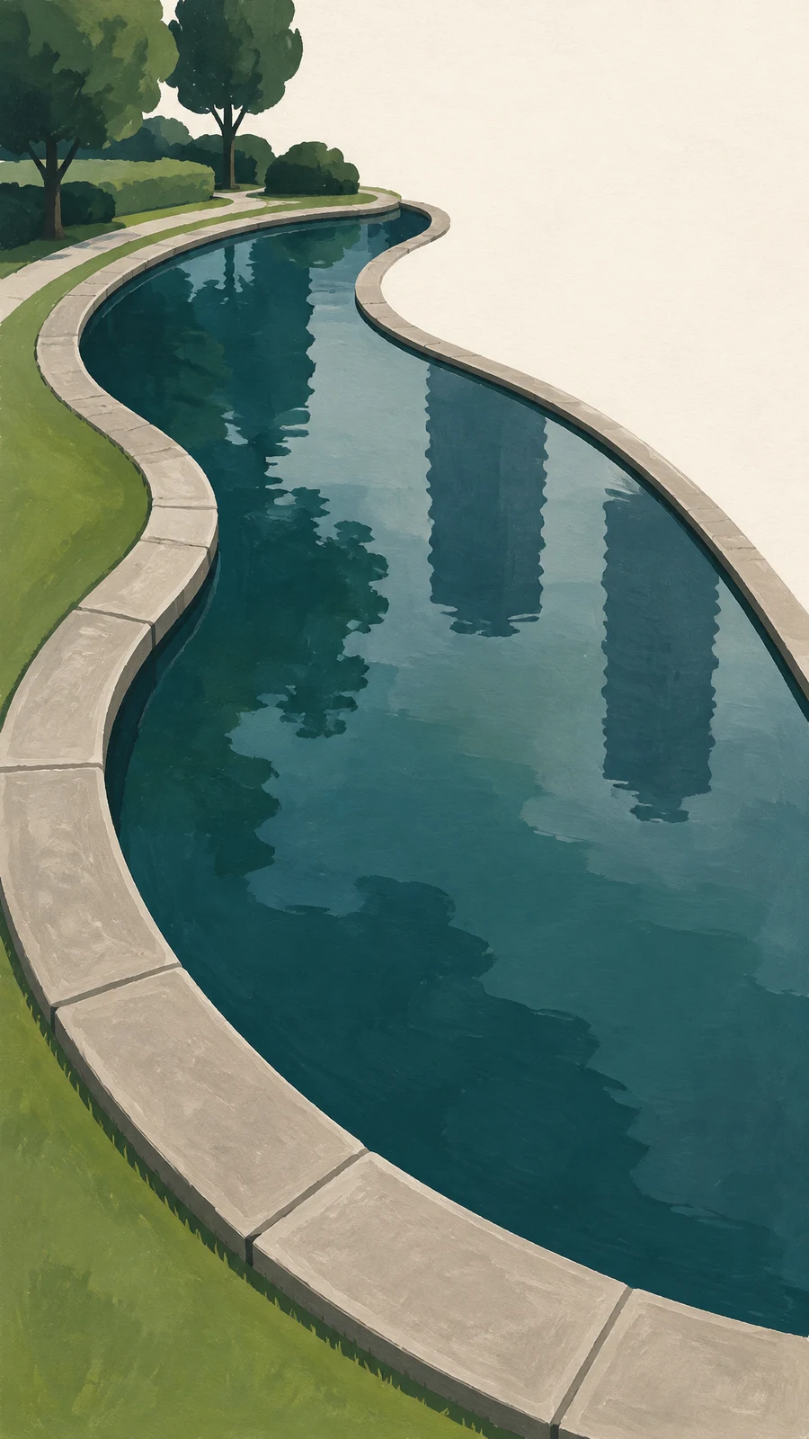 An elongated teal pond curves through a park, edged by pale stone coping, green lawn and a light path.