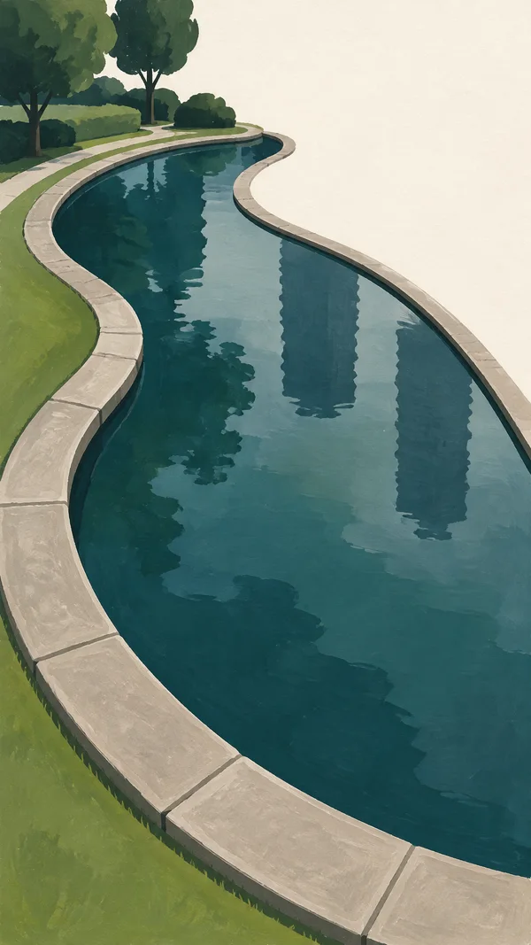 An elongated teal pond curves through a park, edged by pale stone coping, green lawn and a light path.