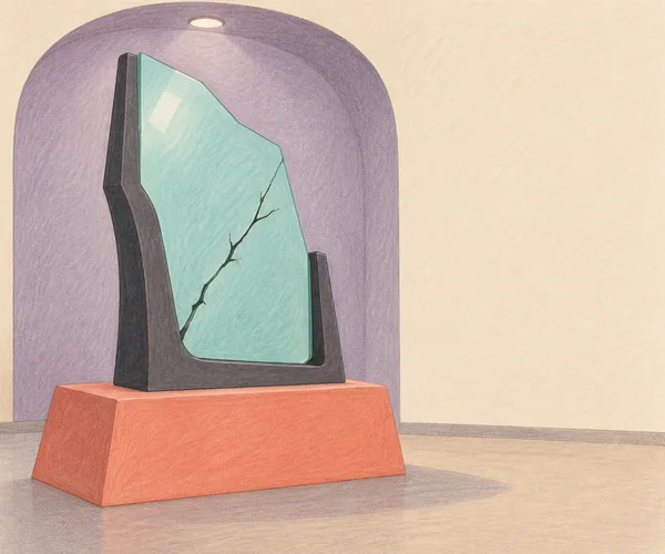 A large pale-aqua glass panel with a branching dark crack stands in a thick charcoal frame on a wide coral plinth inside a dusty-lavender alcove.