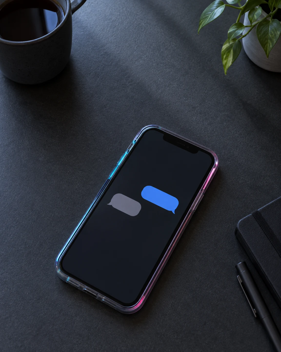 An unbranded smartphone in a clear case with cyan and magenta highlights lies diagonally on a charcoal tabletop.