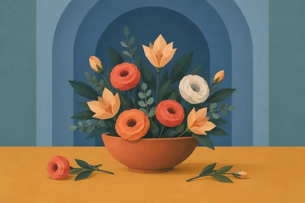 A geometric floral arrangement of coral round blooms, angular apricot flowers, and deep green leaves sits in a low terracotta bowl on an ochre table.