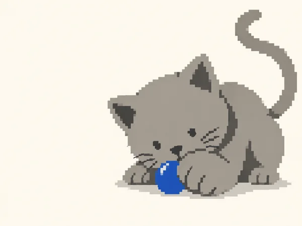 A warm-grey pixel-art cat crouches over a cobalt-blue ball on an ivory ground, with its long tail raised in a stepped curve and open space to the left.
