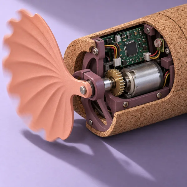 An oblique 3D close-up shows a cutaway cork housing with a green circuit board, wired light sensor, geared motor and metal shaft supporting a pale coral…