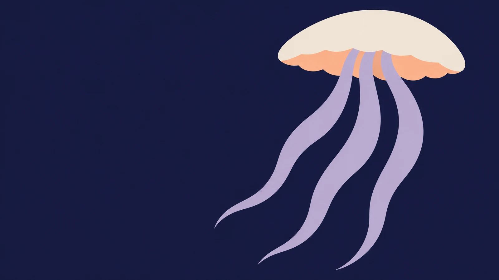A stylized jellyfish with a broad cream dome, scalloped apricot underside and long lavender arms floats against a dark indigo background, with open space to…
