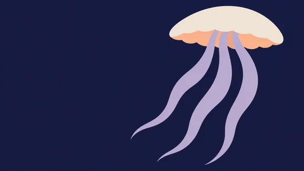 A stylized jellyfish with a broad cream dome, scalloped apricot underside and long lavender arms floats against a dark indigo background, with open space to…