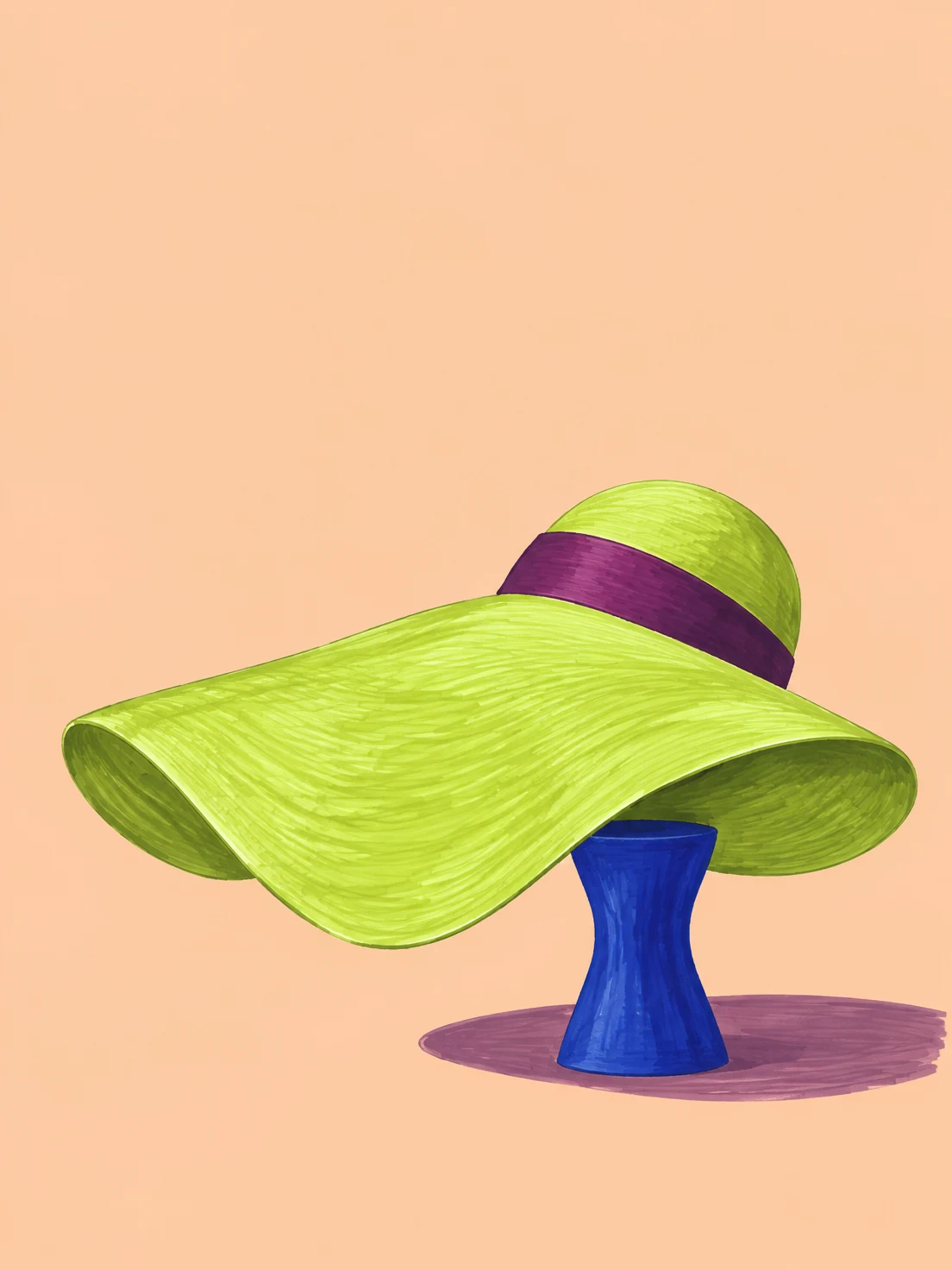 An oversized lime-green sunhat with a broad plum ribbon rests on a narrow cobalt hourglass-shaped plinth against a pale-apricot background, with a plum shadow…
