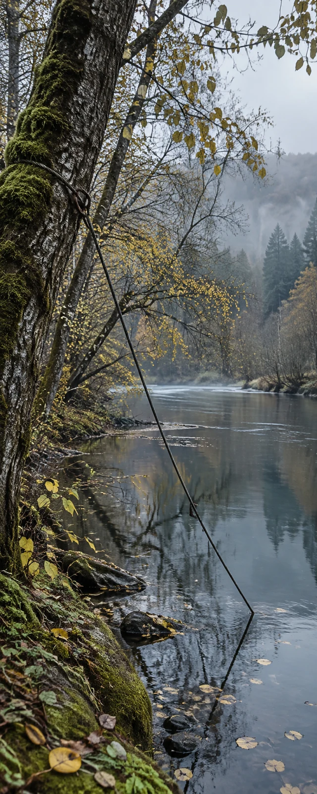A dark steel cable descends from a moss-covered tree on a wooded riverbank toward the still blue-grey water, with yellow leaves among the branches and floating…