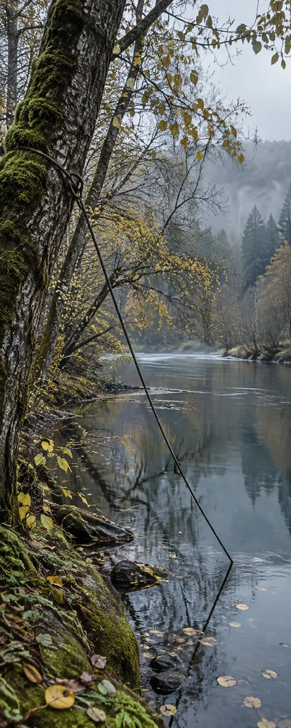 A dark steel cable descends from a moss-covered tree on a wooded riverbank toward the still blue-grey water, with yellow leaves among the branches and floating…