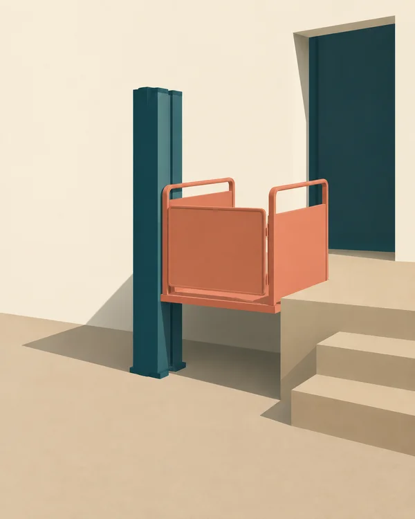 A coral vertical platform lift with raised safety panels stands beside a cream courtyard wall and dark doorway.