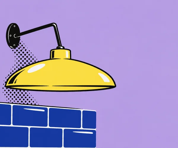 A broad lemon-yellow wall sconce with a black bent arm and large oval wall plate projects over cobalt-blue glazed tiles on a lavender wall.