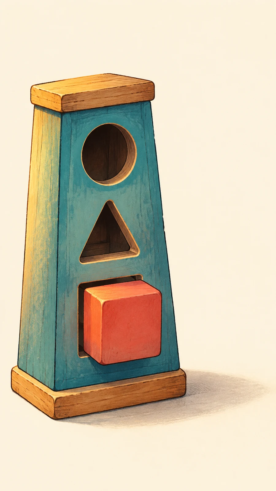 A tall teal wooden shape-sorter toy with wooden top and base stands on a warm cream ground.