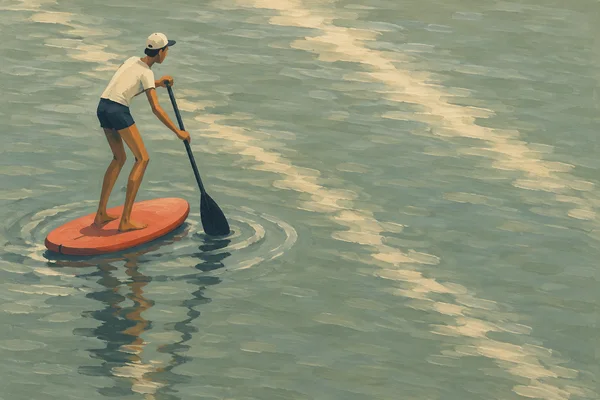 A long-legged paddler in a light shirt and dark shorts stands on a short coral board, holding a dark paddle with its broad blade in the sage-green river; pale…