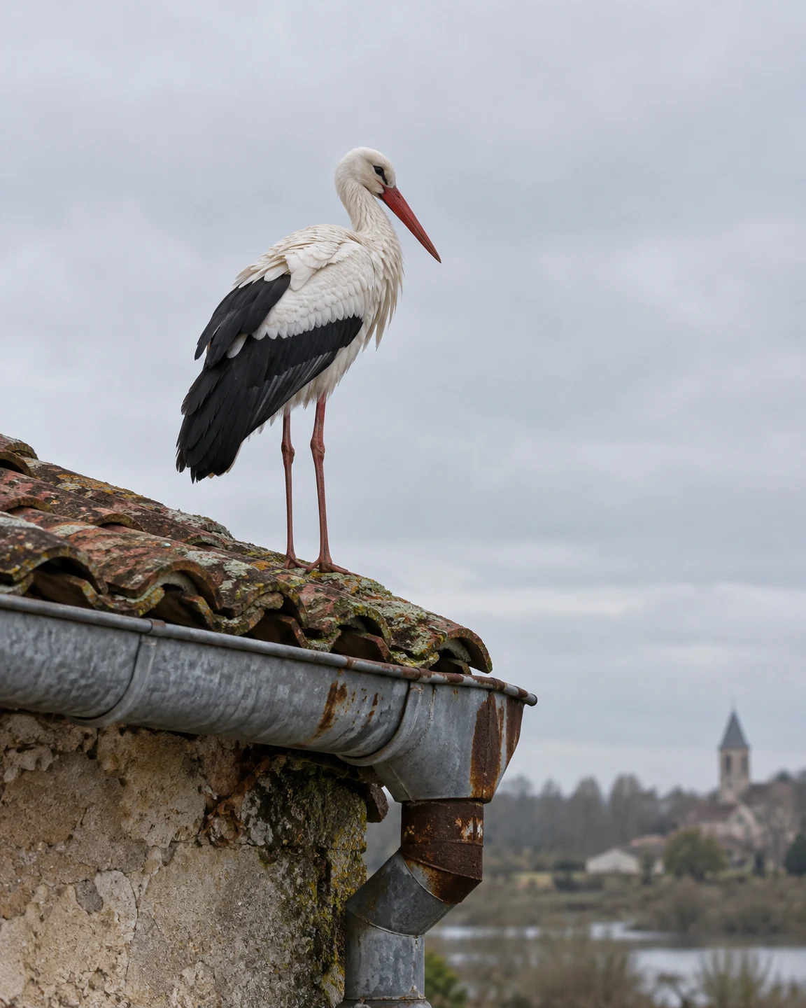 A white stork with a long red bill stands on weathered terracotta roof tiles above a rusty zinc gutter and drain, with a softly blurred village and wetland…
