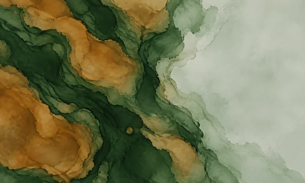 An abstract field of deep green and copper ochre forms irregular, layered currents across the left side, meeting a broad pale grey-green area on the right.