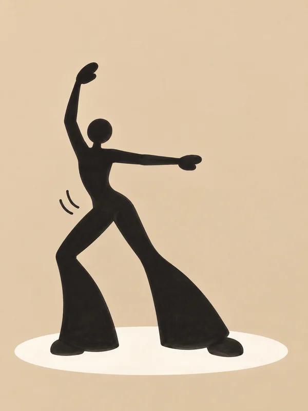 A near-black hand-drawn silhouette of a full-body dancer stands on a broad white oval against a warm beige background, with one arm raised, the other extended…