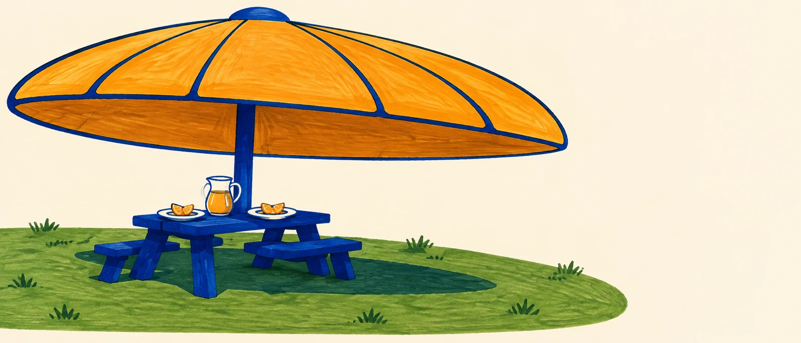 An oversized amber parasol on a blue pole shelters a small blue picnic table with attached benches, a pitcher and two plates of orange wedges.