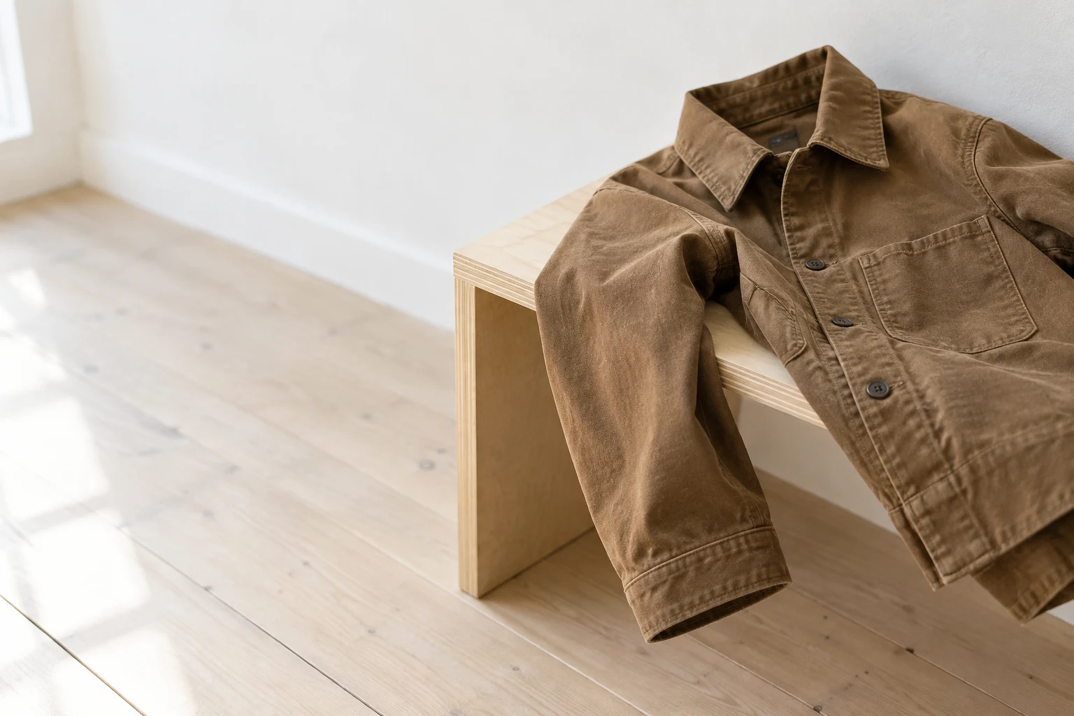 A tobacco-brown canvas chore jacket with a broad patch pocket lies across the right end of a pale plywood bench, with one sleeve hanging over the front edge.