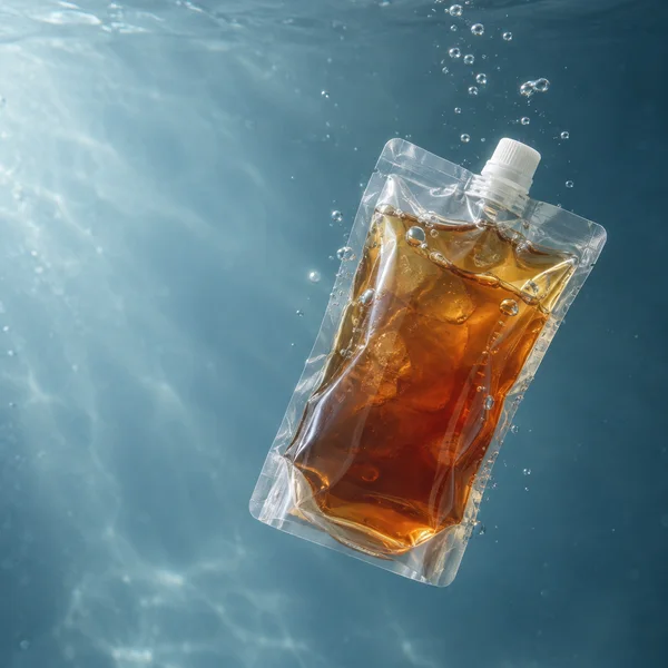 A transparent stand-up pouch of amber iced tea floats diagonally underwater, with a white screw-cap spout, visible sealed edges and bubbles against a blue-grey…