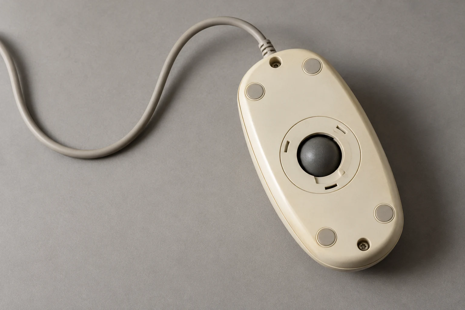 Overhead view of an ivory wired computer mouse lying underside-up on a warm-grey tabletop, with its dark tracking ball, circular retaining ring, glide pads and…