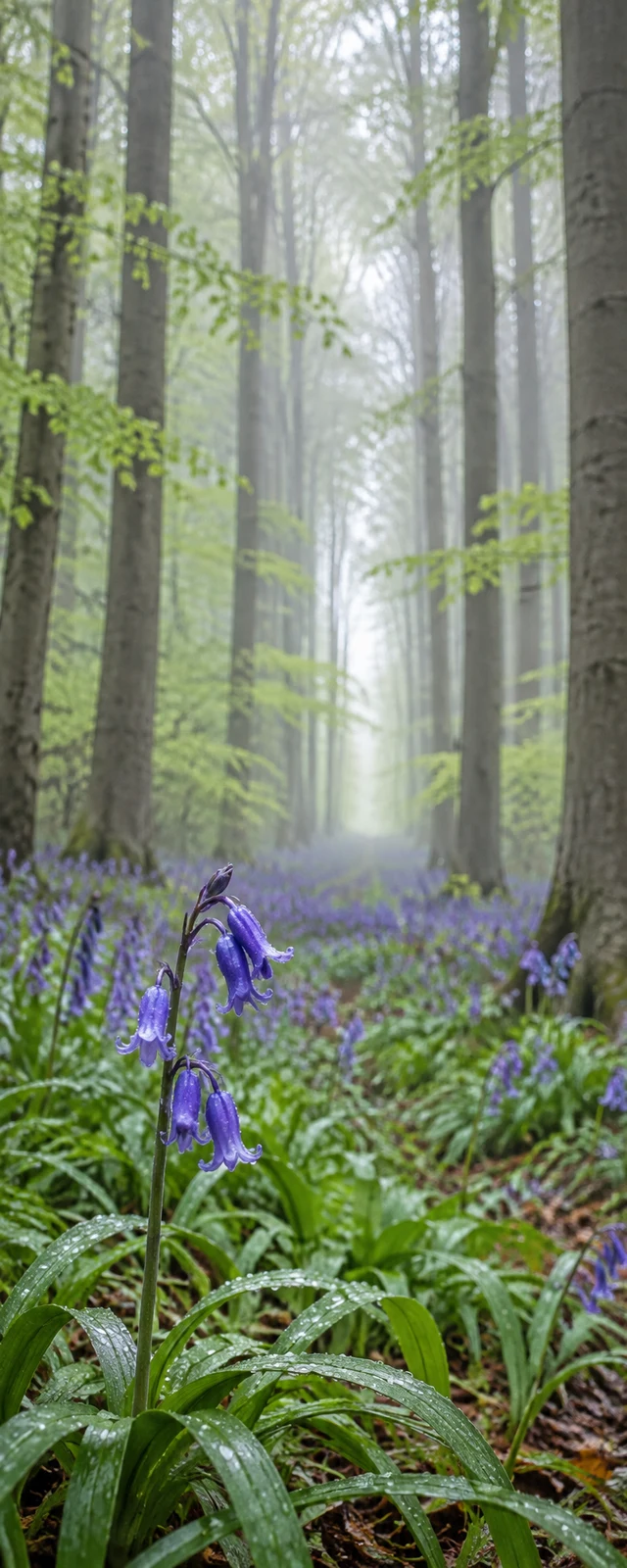 A dew-covered violet-blue bluebell stem stands among broad green leaves in a misty beech woodland, with a carpet of bluebells and a pale opening between the…