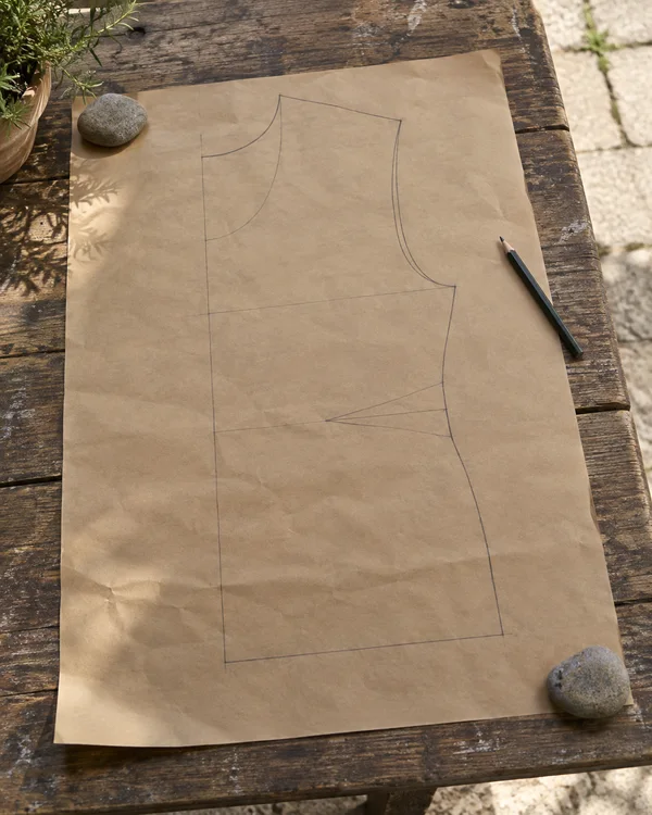 A large sheet of brown kraft paper with a pencil-drawn garment pattern lies on a weathered wooden table outdoors, held at opposite corners by two stones; a…