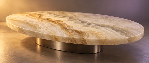 A large oval ivory-and-honey stone coffee table with a thick rounded slab top and champagne-toned metal pedestal, shown against a warm gray studio backdrop…