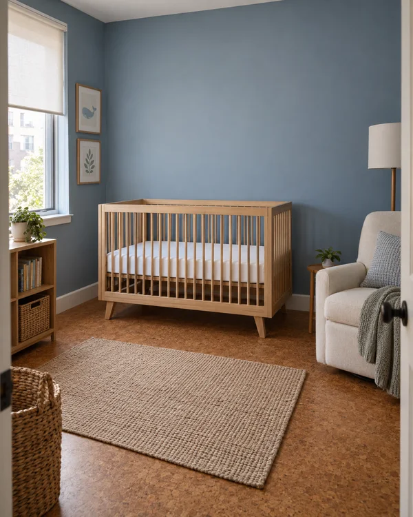 A warm wood slatted crib with a white mattress sits against a muted blue wall in a nursery, with a large window and roller shade to the left and an ivory…