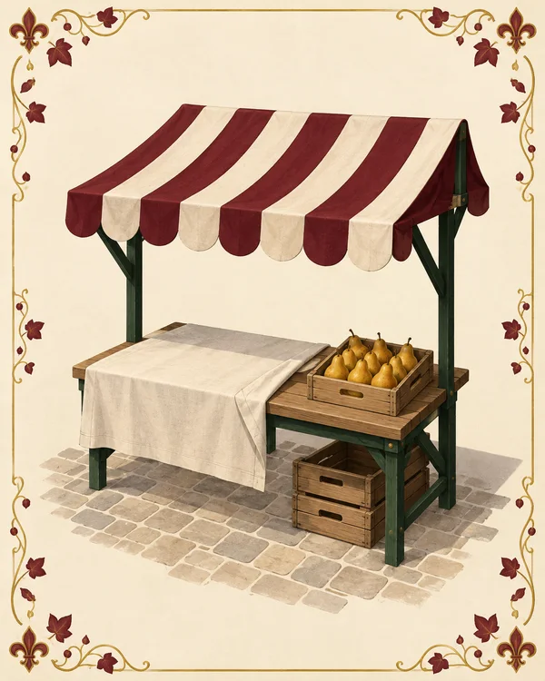 A burgundy-and-cream striped market stall with dark green supports stands on pale stone paving against an ivory background.
