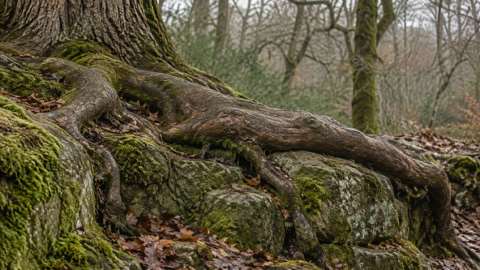 A thick, weathered oak root stretches across moss-covered rocks and leaf litter in a damp woodland, with softly blurred tree trunks behind it.
