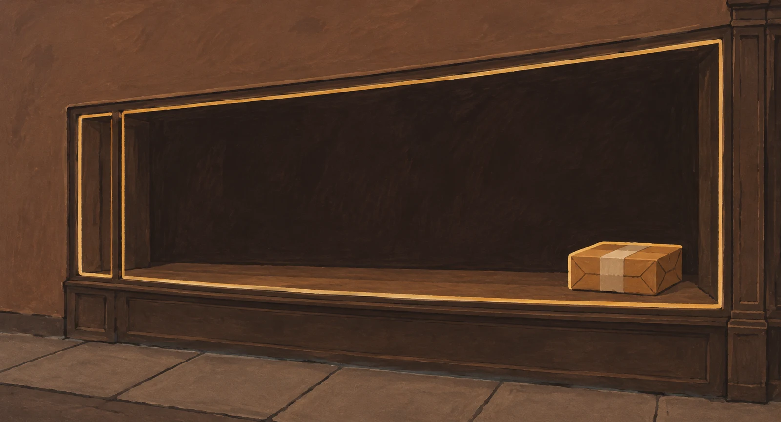 A small taped kraft-paper parcel sits at the far right of a wide, dark shop window, outlined in golden ochre against a brown storefront and stone pavement.