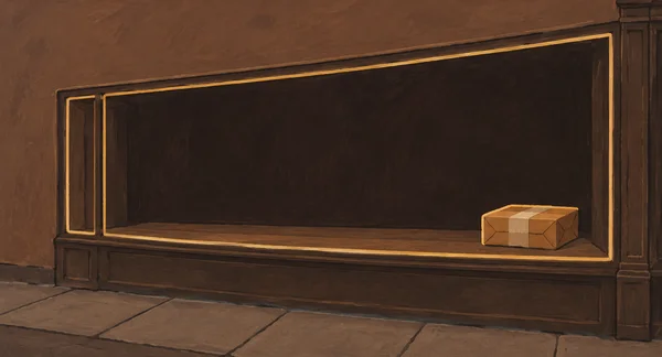 A small taped kraft-paper parcel sits at the far right of a wide, dark shop window, outlined in golden ochre against a brown storefront and stone pavement.
