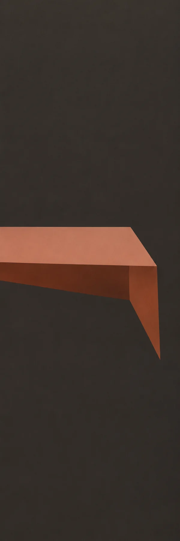A muted terracotta geometric band crosses a warm charcoal background, with a pale top plane and dark underside folding into a long tapered drop at the right; a…