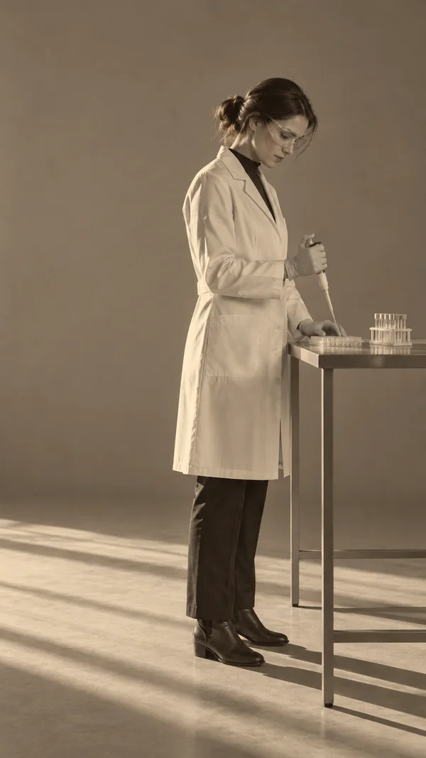 A researcher in protective glasses and gloves uses a micropipette over a microplate at a narrow laboratory bench, with a rack of sample tubes beside it.