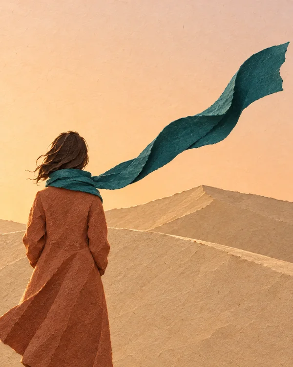 A woman seen from behind in a rust-clay coat stands among folded sand-colored paper dunes, her deep teal scarf streaming diagonally across a pale apricot sky.