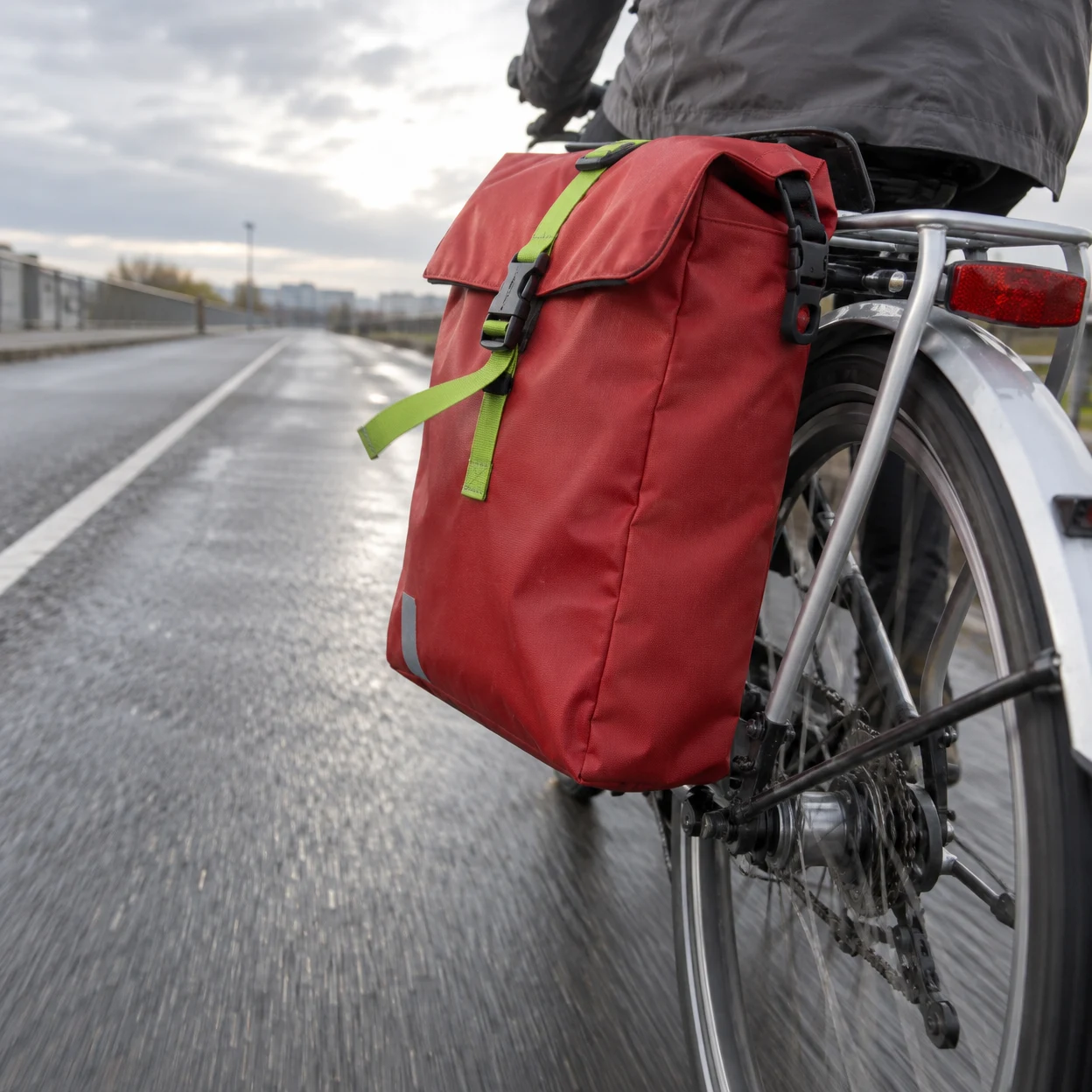 Close rear-quarter view of a moving bicycle with a large red pannier on a silver rear rack.