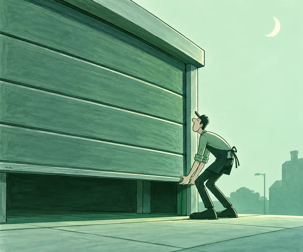 A lanky shopkeeper crouches and lifts the bottom rail of a wide green roller shutter above a dark doorway, with a crescent moon and faint street silhouettes in…