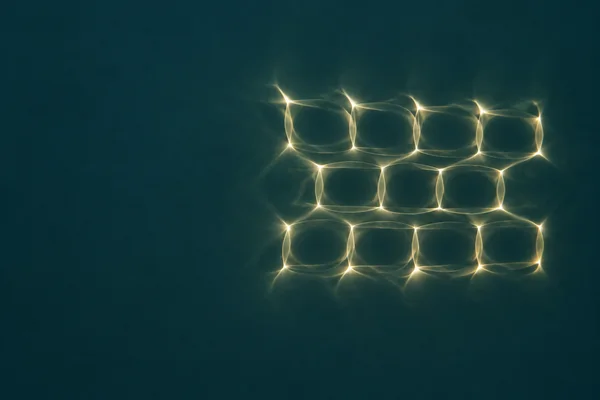 A luminous patch of bowed pale-gold rectangular outlines sits right of centre on a deep-petrol field, with dark interiors and bright corner flares.