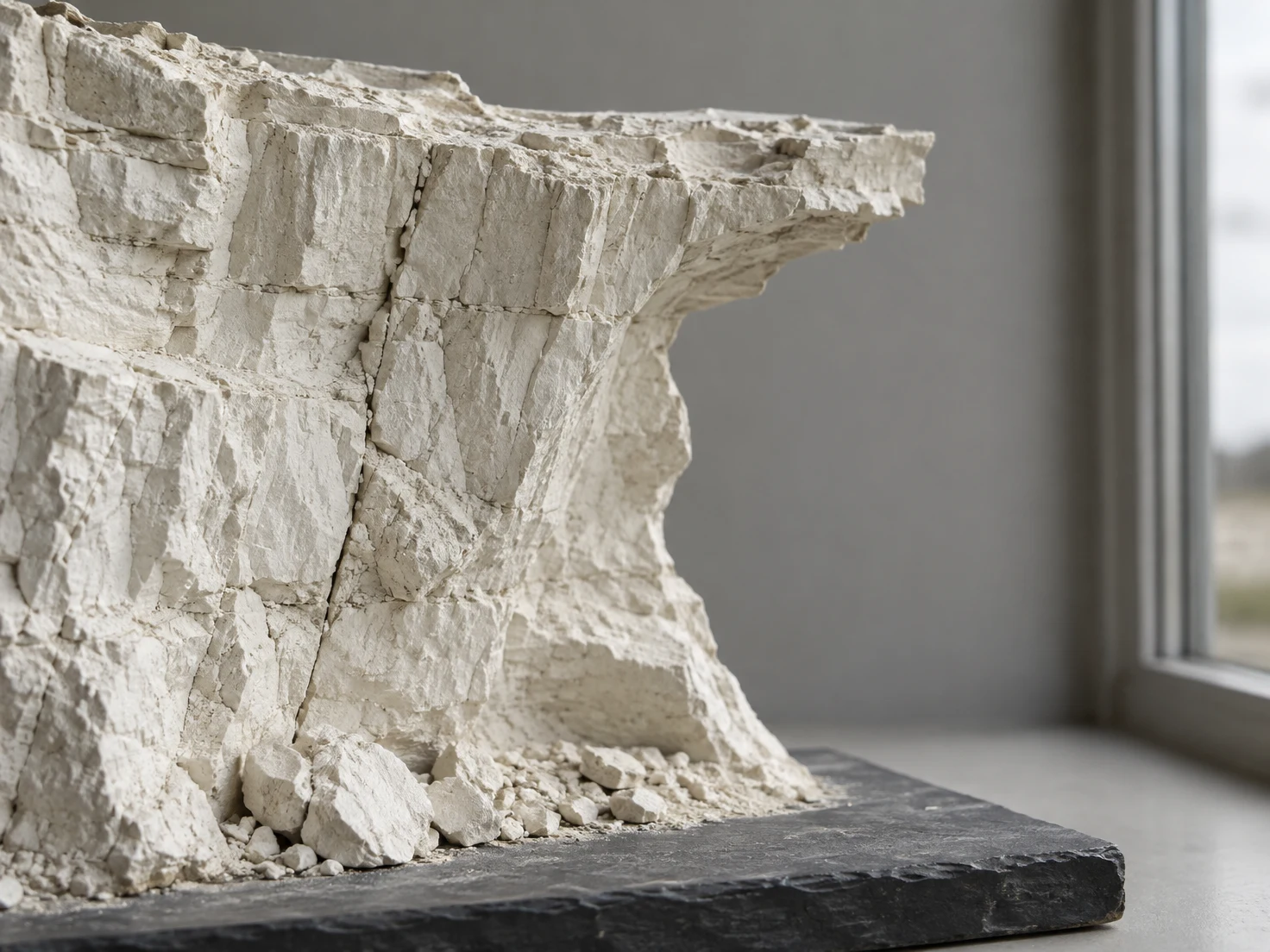 A pale, fractured chalk cliff model with a projecting ledge and eroded recess sits on a dark slate base beside a window, with small fragments scattered at its…