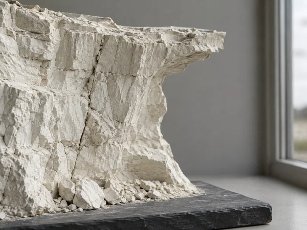 A pale, fractured chalk cliff model with a projecting ledge and eroded recess sits on a dark slate base beside a window, with small fragments scattered at its…