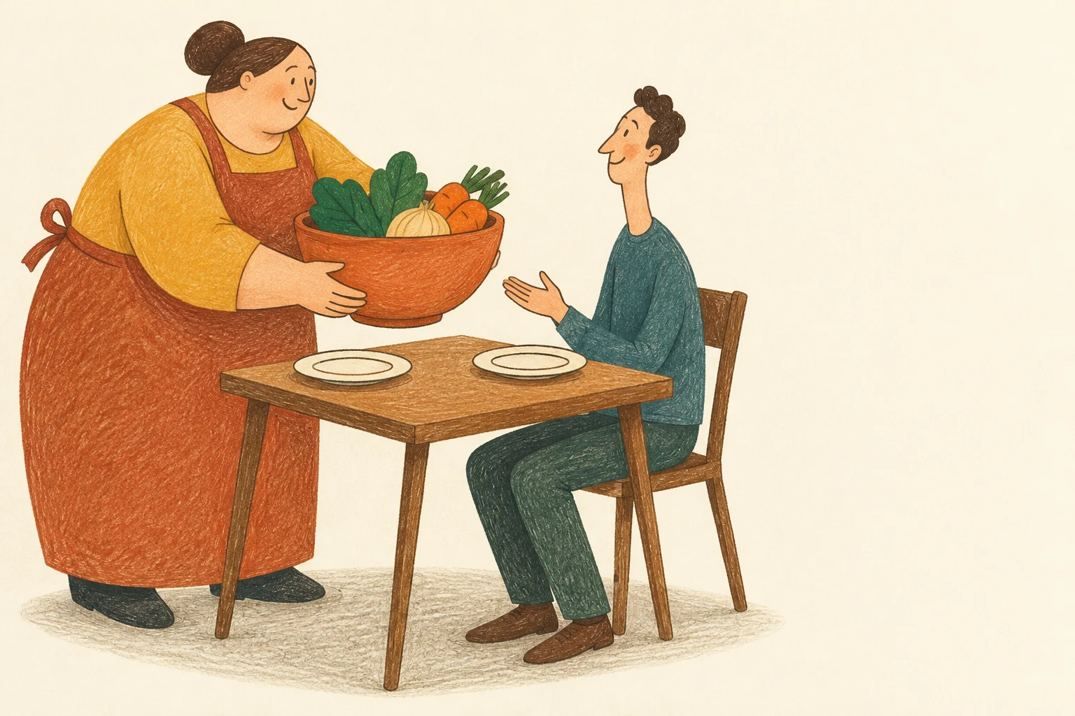 A broad figure in a mustard top and rust apron offers a large terracotta bowl of vegetables to a slim seated figure in teal at a small angular table with two…