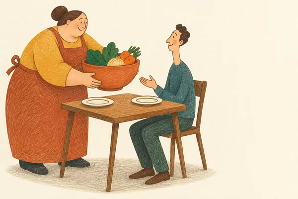 A broad figure in a mustard top and rust apron offers a large terracotta bowl of vegetables to a slim seated figure in teal at a small angular table with two…